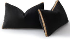 Decorative Neutral Linen Throw Pillow Covers 12x20 Inch Set of 2, Black Boho Farmhouse Pillow Covers with Braid Fringe for Sofa Bed Modern Couch Pillow Cases for Organic Home Decor