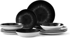 Bestone Porcelain Dinnerware Sets Service for 4, 12 pcs Hand drawn Plates and Bowls Sets, Handmade Ceramic Dish Set, Chip Resistant Modern Plate Set, Dishwasher/Microwave Safe，Black