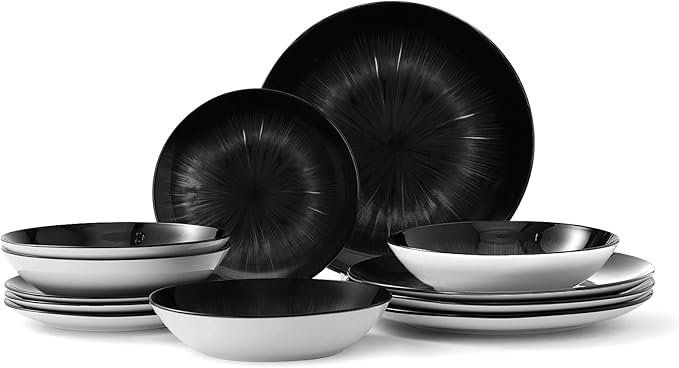 Bestone Porcelain Dinnerware Sets Service for 4, 12 pcs Hand drawn Plates and Bowls Sets, Handmade Ceramic Dish Set, Chip Resistant Modern Plate Set, Dishwasher/Microwave Safe，Black