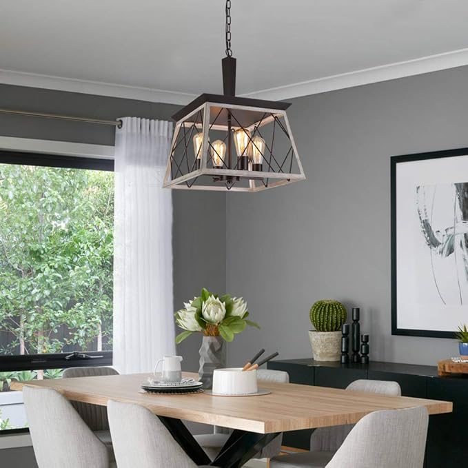 Q&S Farmhouse Vintage Chandelier, Rustic Pendant Light,Industrial Hanging Light Fixture for Dining Room Kitchen Island,Wrought Iron,ORB+Oak White 4 Lights E26 UL Listed