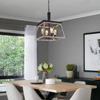 Q&S Farmhouse Vintage Chandelier, Rustic Pendant Light,Industrial Hanging Light Fixture for Dining Room Kitchen Island,Wrought Iron,ORB+Oak White 4 Lights E26 UL Listed