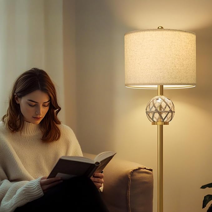 Oneach 61.5" Modern Floor Lamp for Living Room, Gold Boho Standing Lamp with Rattan Glass Design, Rotary Switch, Farmhouse Tall Lamps for Bedroom Office Dining Room (Without Bulb)