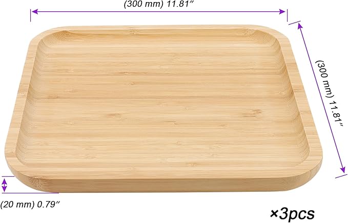 JOIKIT 3 Pack 12 Inch Bamboo Platter, Fine Polished Sqaure Wood Plates Bamboo Serving Tray for Holding Fruit, Bread, Cheese, Nut, Coffee, Tea, Plant Saucer