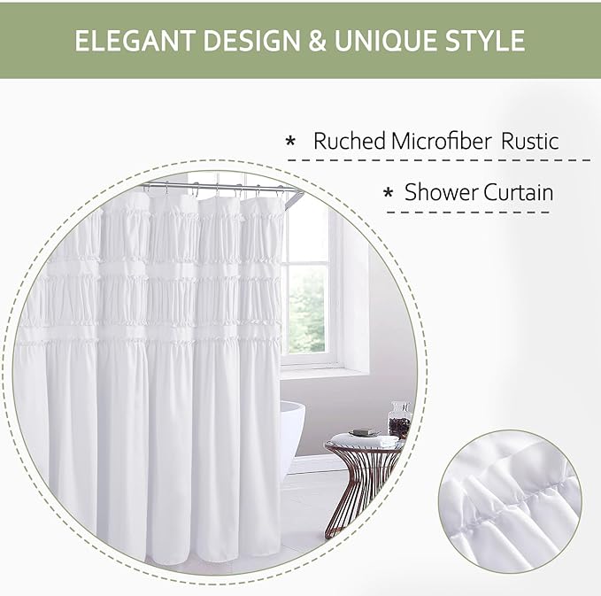 Elegant Ruffle White Shower Curtain 72" x 72", Ruched Microfiber Vintage Rustic Bath Curtain for Bathroom, Boho Farmhouse Bathroom Decor, Durable and Fade Resistant (LQ-38)