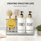 Moforoco Kitchen Dish Soap Dispenser Set, 16OZ Glass Bottle, Hand and Dish Soap Dispenser Set, Instant Dry Tray, Non-Slip Silicone Pad, Brush Holder with Sponge Holder, Kitchen Decor（White Bottle）