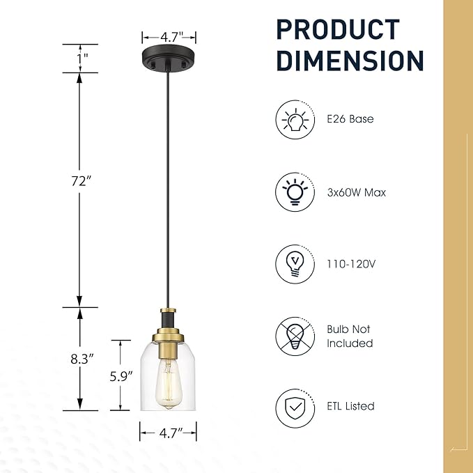zeyu Modern Gold Pendant Light, 1-Light Glass Hanging Light for Kitchen Dining Room, Clear Glass Shade, Black and Gold Finish, ZG33M1L BK+BG