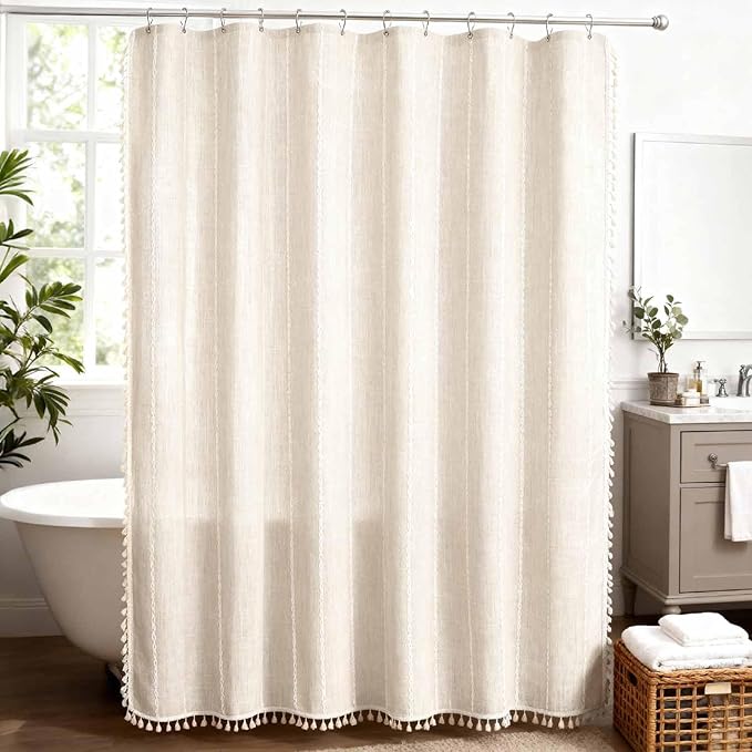 WELTRXE Boho Long Shower Curtain, Modern Farmhouse Shower Curtain Set with Tassels, Rustic Bathroom Decor, Heavy Duty Fabric Water Repellent with Hook, Beige/Cream, 72x78 Inches