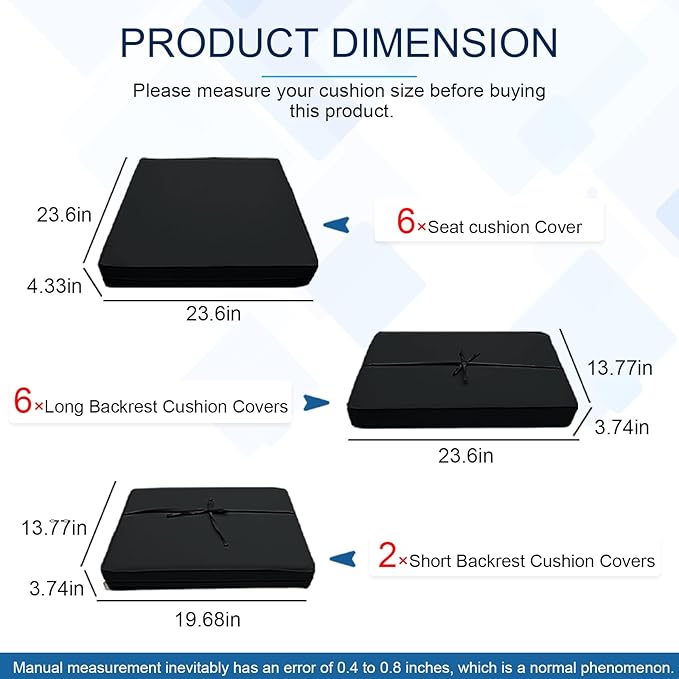 14 PCs Patio Cushion Covers for 7 PCs Outdoor Furniture Sectional Seating Sets Water Resistant Plus 2 Throw Pillows (Black, 23.6(L)*23.6(W)*4.33(T) inches)