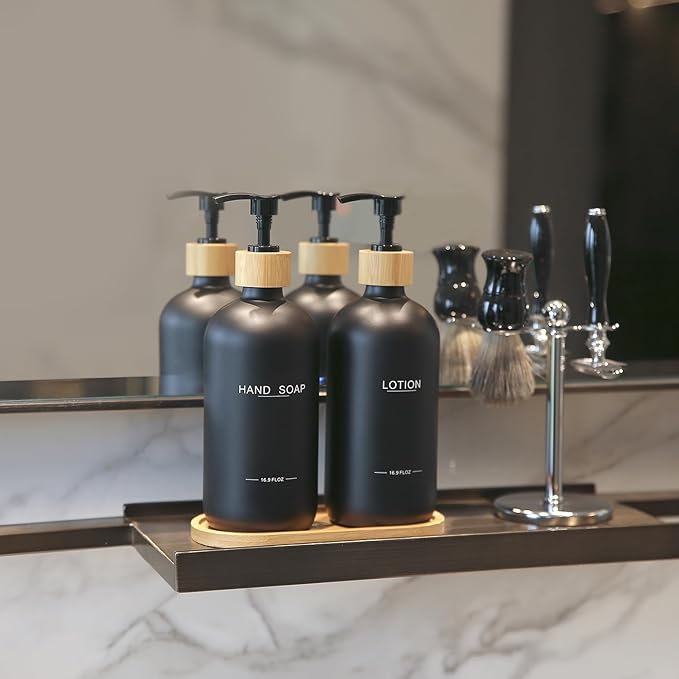 Black Soap Dispenser Bathroom Set, Bamboo Pumps & Tray, Hand Soap, and Lotion Dispenser Set Suitable for Bathroom Counter Decor. (Black)