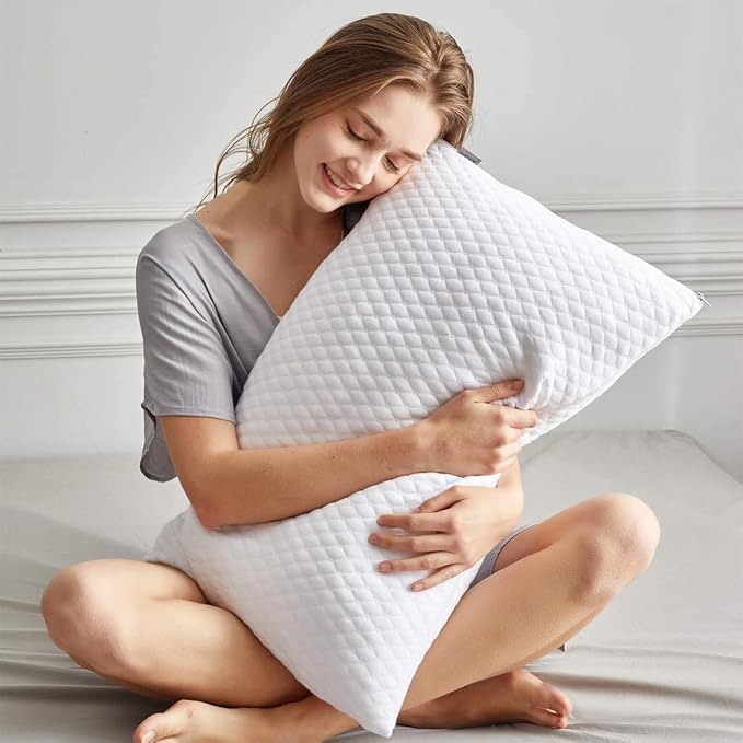 NTCOCO 2 Pillows, Shredded Memory Foam Bed Pillows for Sleeping, with Washable Removable Cooling Hypoallergenic Sleep Pillow for Back and Side Sleeper, Queen (2-Pack)
