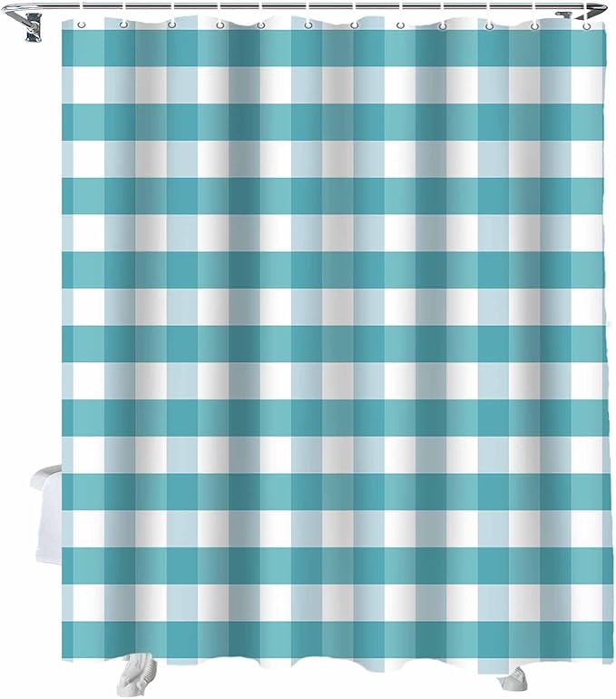 Vandarllin Rustic Teal White Buffalo Check Plaid Pattern Shower Curtain, Farmhouse Shower Curtains Set with Hooks, Waterproof Fabric Bathroom Curtains Decor Home Accessories,72 X 72 Inch Long
