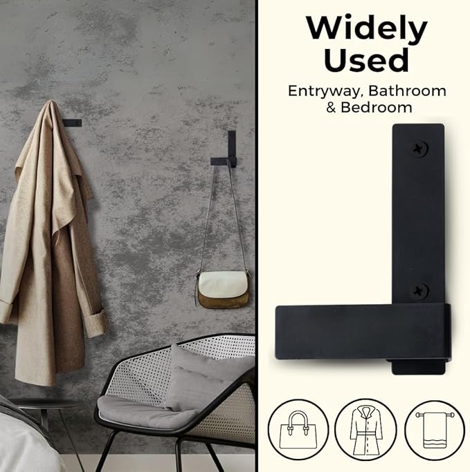 Decorative Wall Hooks-Set of 2 Chic Coat Hooks for Wall Mount. Perfect for Hanging Coats, Clothes, Towels, Backpacks Or Hats. Modern Heavy Duty Metal Hooks (Black Set)