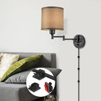 Dimmable Plug in Wall Sconces, Swing Arm Wall Lamp, Wall Sconces Set of Two, Plug in Wall Light, Sconces Wall Decor Set of 2, Grey Fabric Shade, 2pcs Bulbs Included