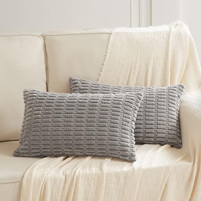 Fancy Homi Gray Lumbar Farmhouse Decorative Throw Pillow Covers 12x24 Inch for Living Room Couch Bed Sofa, Rustic Boho Home Decor, Soft Striped Corduroy Rectangle Cushion Case 30x60 cm
