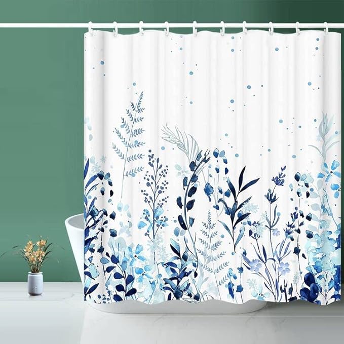 Shower Curtain, Fabric Shower Curtain Botanical Shower Curtain Blue, Hooks Hotel Shower Curtains for Bathroom with 12 Hooks Waterproof Shower Curtain Liner (72" x 72")