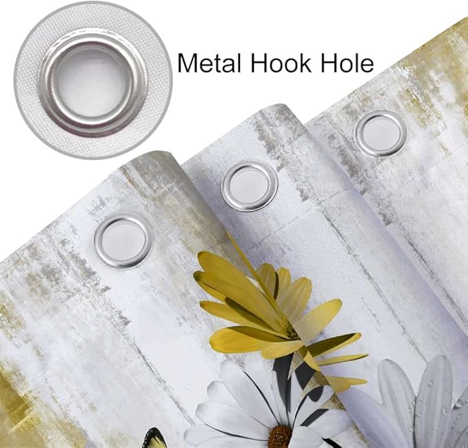 Rustic Farmhouse Shower Curtain, Farm Yellow Daisy Floral Flowers and Butterfly on Country Wooden Shower Curtain for Bathroom, Yellow Bathroom Shower Curtains with 12PCS Hooks, 70X70IN
