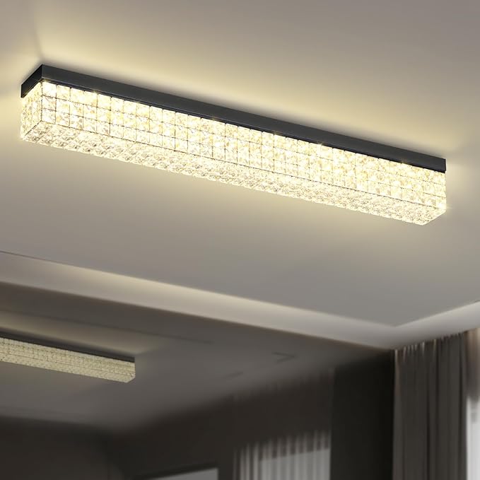 L 40" Modern Rectangle Chandelier Black Rectangular Flush Mount Chandelier Crystal Ceiling Light Fixture for Dining Living Room Kitchen Island