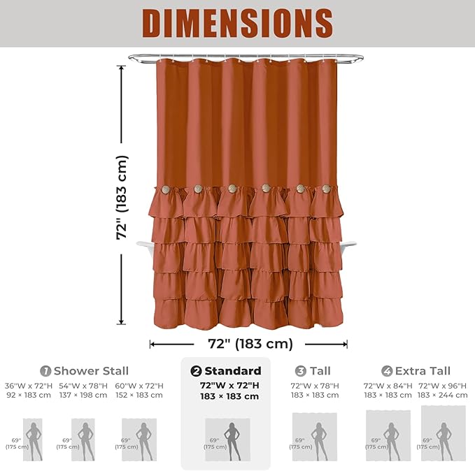 Seasonwood Orange Shower Curtain Burnt Orange Shower Curtain with Nature Buttons Ruffle Shower Curtains Farmhouse Shower Curtains for Bathroom 72" W x 72" L,Dark Orange