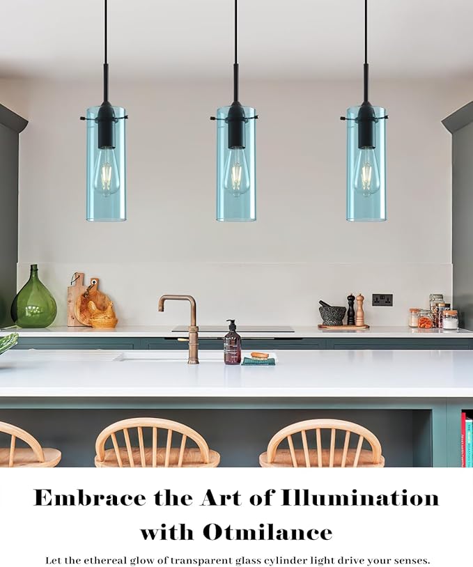 Blue Glass Pendant Light, Kitchen Pendant Lights 1 Pack, Modern Clear Hanging Pendant Light, Island Pendant Lights for Kitchen Island, Bedroom, Living Room, Bathroom
