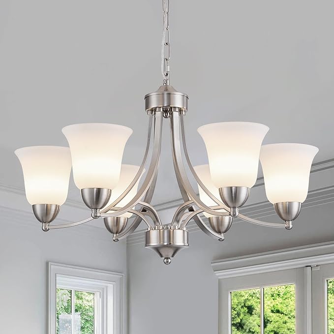 6 Lights Brushed Nickel Dining Room Light Fixture Farmhouse Modern Chandelier Pendant Light Silver Adjustable Ceiling Hanging Lighting with Frosted Glass for Kitchen Island Living Room Foyer
