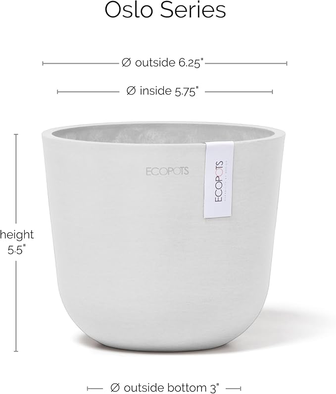 Ecopots Oslo Mini Durable Modern Round Indoor/Outdoor Recycled-Based Composite Flower Pot Planter, Pure White, 6"