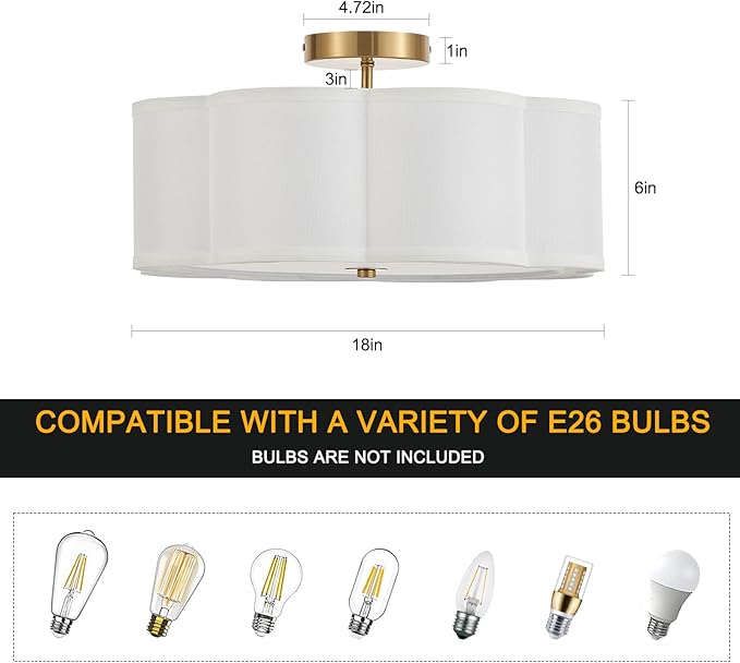 Modern Semi Flush Mount Ceiling Light 18" Modern Gold Drum Ceiling Lighting Fixture with Linen Shade Vintage Ceiling Lamp for Living Room, Bedroom, Kitchen, Dining Room, Hallway, and Entryway