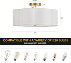 Modern Semi Flush Mount Ceiling Light 18" Modern Gold Drum Ceiling Lighting Fixture with Linen Shade Vintage Ceiling Lamp for Living Room, Bedroom, Kitchen, Dining Room, Hallway, and Entryway