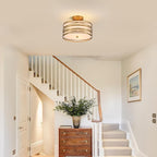 Drum Semi Flush Mount Ceiling Light Fixture Vintage 12.2“ Modern Farmhouse 2-Lights Linen Drum Ceiling Lighting Rustic Golden Ceiling lamp for Dining Room, Bedroom, Laundry Room, Basement
