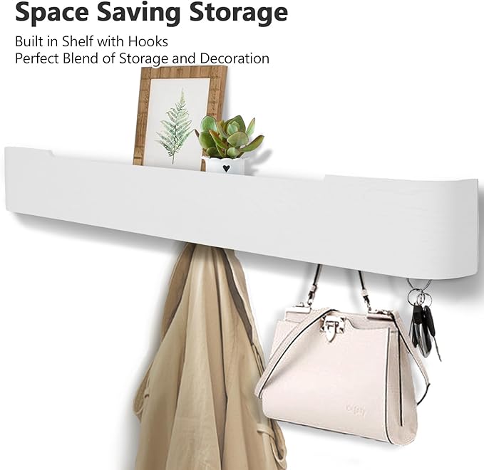 Coat Rack Wall Mount with Hidden Hooks Entryway Hanging Shelf Modern Wood Coat Hanger for Bedroom Kitchen Hallway Bathroom (White,32.7 Inch Long)