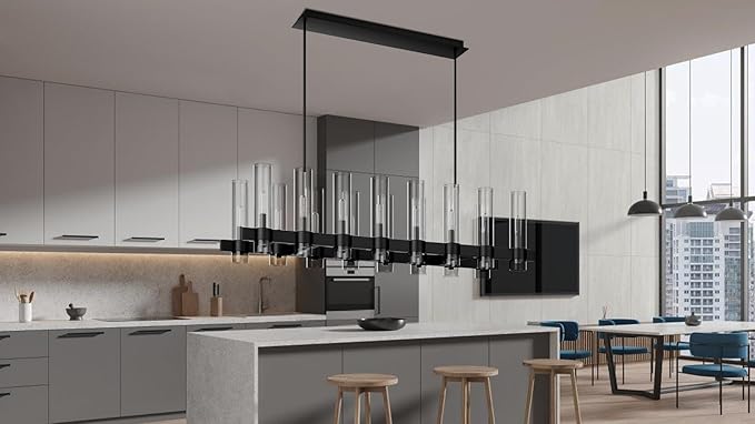 Black Linear Chandelier, 54 Inch 16-Lights Modern Kitchen Island Dining Room Over Table Light Fixture, Industrial Farmhouse Large Pendant Lighting with Glass Shade