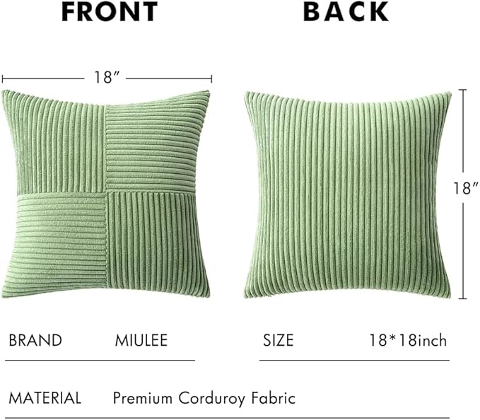 MIULEE Sage Green Corduroy Pillow Covers Pack of 2 Boho Decorative Spliced Throw Pillow Covers Soft Solid Couch Pillowcases Cross Patchwork Textured Cushion Covers for Living Room Bed Sofa 18x18 inch