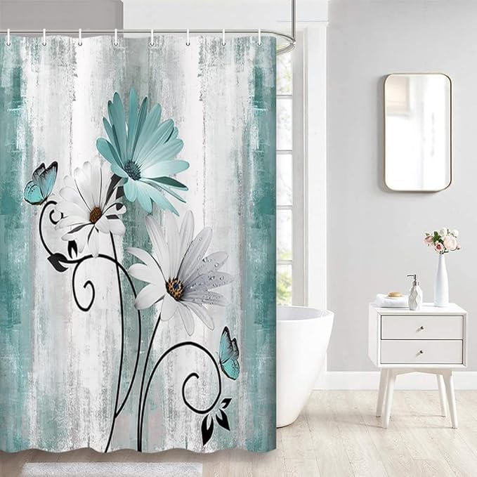 Rustic Farmhouse Shower Curtain, Farm Teal Daisy Floral Flowers and Butterfly on Country Wooden Shower Curtain for Bathroom, Turquoise Blue with 12PCS Hooks, 48X70IN
