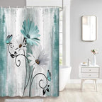 Rustic Farmhouse Shower Curtain, Farm Teal Daisy Floral Flowers and Butterfly on Country Wooden Shower Curtain for Bathroom, Turquoise Blue with 12PCS Hooks, 48X70IN