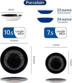 Bestone Porcelain Dinnerware Sets Service for 4, 12 pcs Hand drawn Plates and Bowls Sets, Handmade Ceramic Dish Set, Chip Resistant Modern Plate Set, Dishwasher/Microwave Safe，Black