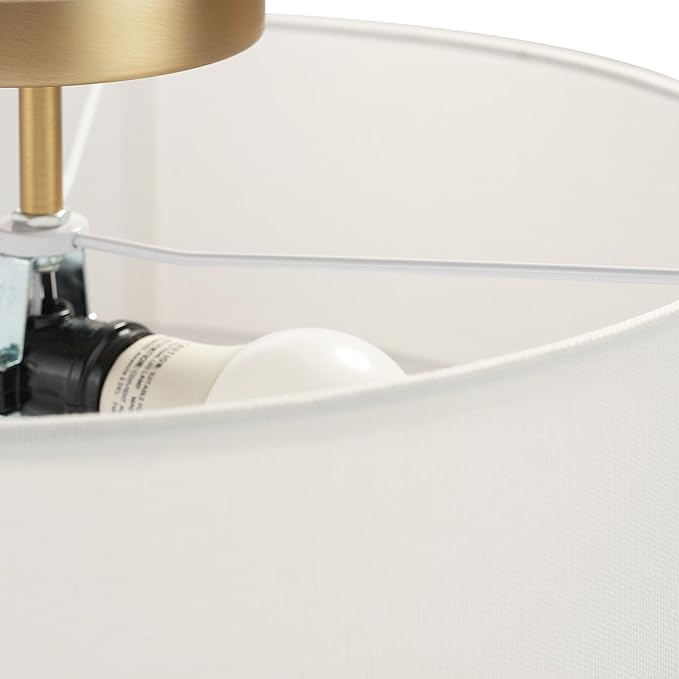 GLOBE Electric 60998 2-Light Flush Mount Ceiling Light, Matte Brass, White Linen Shade, E26 Base, Minimalist Lighting for Kitchen Island, Bathroom, Bedroom, or Dining Room, Home Decor