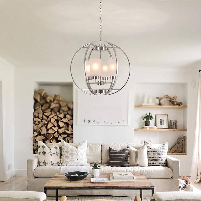 Globe Brushed Nickel Chandelier Dining Room Light Fixture Modern 24" Kitchen Chandeliers Over Table Hanging Industrial Pendant Lights for Island Foyer Restaurant