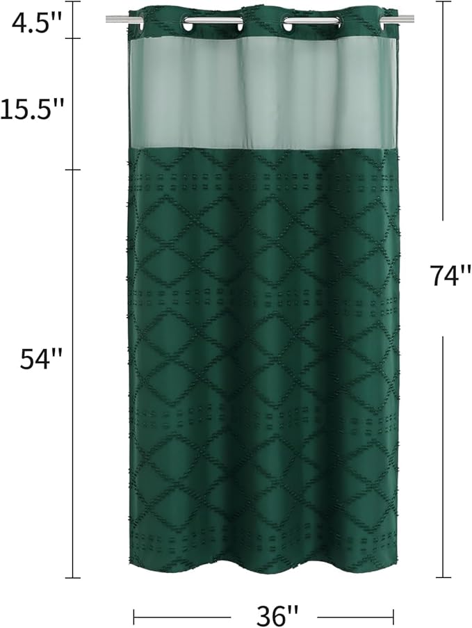 No Hooks Boho Dark Green Woven Fabric Shower Curtain 36 x 74 Modern Farmhouse, Tufted Chevron Striped Shabby Chic Textured, Minimalist Hookless Shower Curtains for Bathroom, Hotel Decor