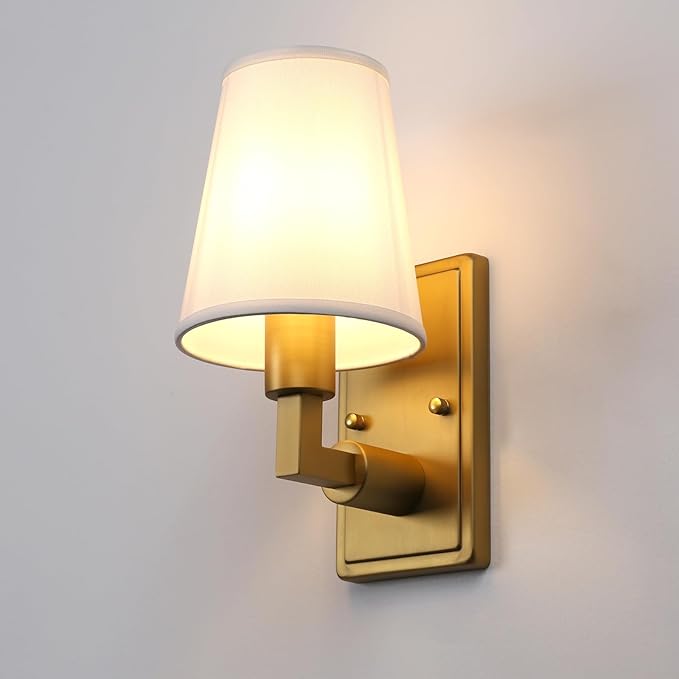 Wall Sconce 1-Light Fixture Antique Finish with White Fabric Shade, E26 Hardwired Indoor Wall Light for Vanity Bathroom Living Room Bedside Nightstand Light