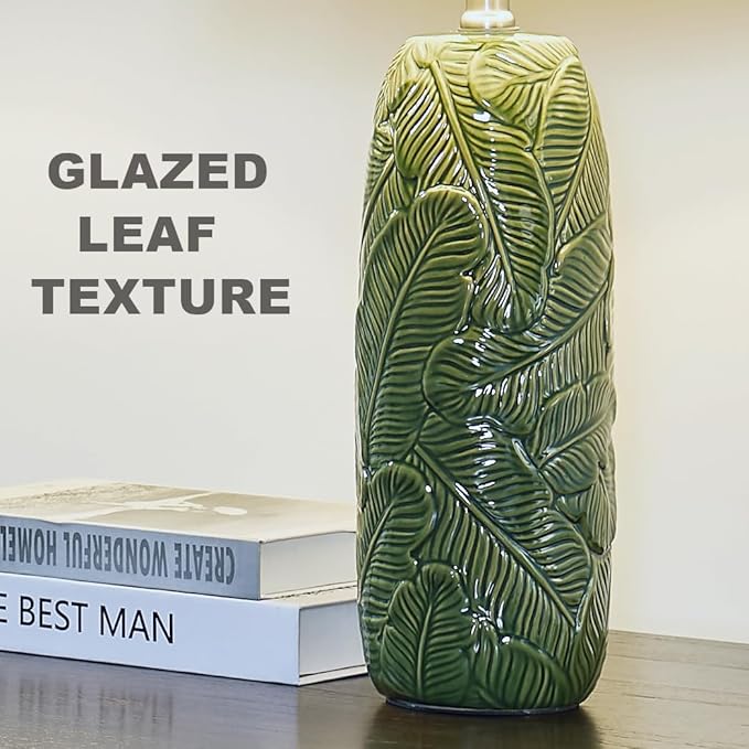 Table Lamps Set of 2, 25 inch Modern Green Ceramic with Leaf Embossed Base and White Linen Shade, Farmhouse & Modern Bedside Lamp for Bedroom, Living Room, Office
