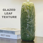 Table Lamps Set of 2, 25 inch Modern Green Ceramic with Leaf Embossed Base and White Linen Shade, Farmhouse & Modern Bedside Lamp for Bedroom, Living Room, Office
