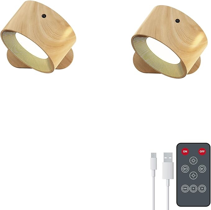 Remote LED Wall Sconce - Rechargeable Cordless Wall Light, 3 Colors & 3 Brightness Levels, 360째 Magnetic Rotating Head, Bedside Reading Lamp, Easy Install Battery Operated Lamp Wood Pack of 2
