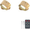 Remote LED Wall Sconce - Rechargeable Cordless Wall Light, 3 Colors & 3 Brightness Levels, 360째 Magnetic Rotating Head, Bedside Reading Lamp, Easy Install Battery Operated Lamp Wood Pack of 2