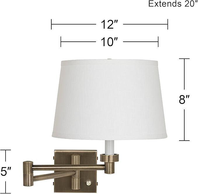 Barnes and Ivy Modern Swing Arm Wall Lamp with Cord Cover Antique Brass Plug-in Light Fixture Dimmable White Linen Drum Shade for Bedroom Bedside House Reading Living Room Home Hallway Dining