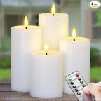 Outdoor 4pcs Flameless Waterproof Candles with Handy Remote Control, Cycle Timer Battery Operated Candle Grease Effect LED Flickering Pillar Plastic Long Lasting (White, 3" x4" 5" 6" 7")