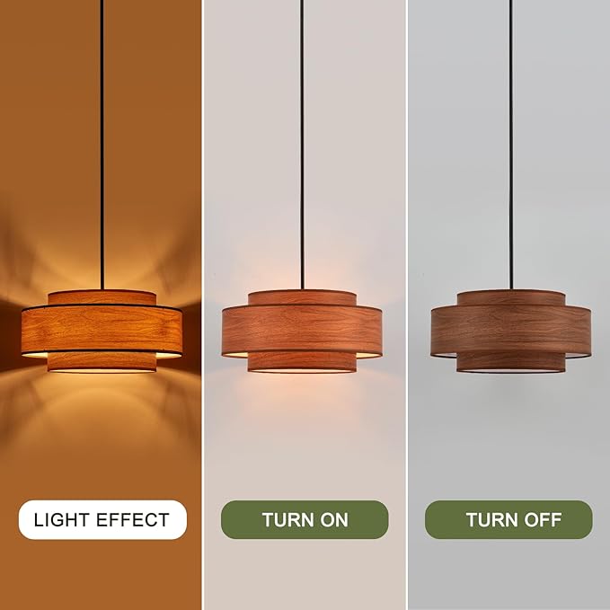 Farmhouse 19.7" Drum Wooden Chandelier Vintage 4-Lights Modern Chandelier with Wood Finish Linen Shade Retro Drum Chandeliers for Dining Room, Kitchen Island, Living Room, Bedroom