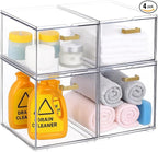 4 Pack Plastic Storage Bins, Acrylic Bathroom Makeup Organizer with Handle, Clear Small Stackable Storage Drawers for Vanity, Home, Kitchen Cabinet, Pantry, UnderSink Organization(6.7"D x 10.6" x 8"H)