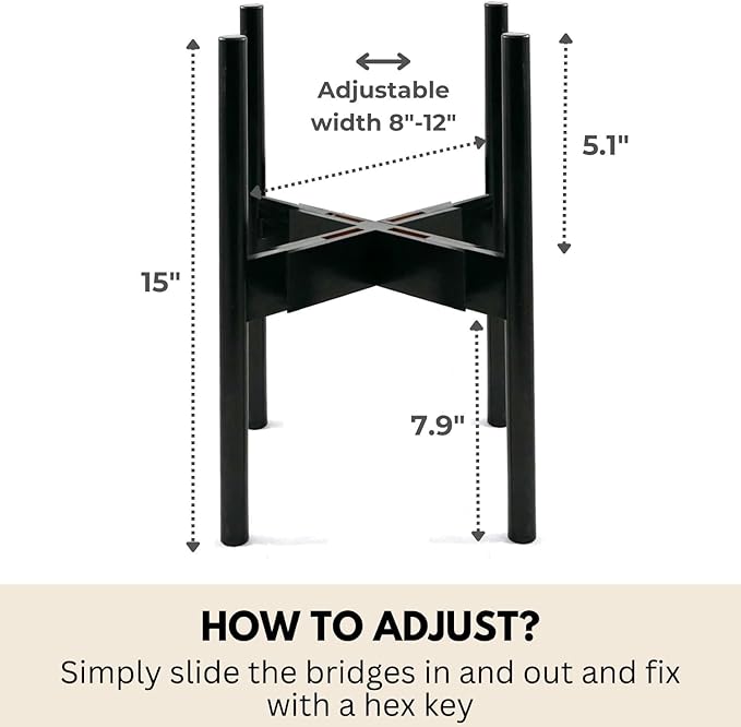 Fox & Fern Adjustable Plant Stand Indoor — 8 to 12 Inch Premium Mid Century Bamboo Plant Stand with Adjustable Width; Plug In Design; Easy to Assemble; Two Heights - For 8, 9, 10, 11 & 12 Inch Pots