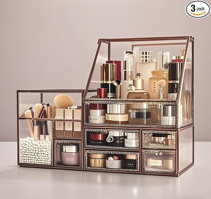 Stackable 3Pieces Drawer Set Glass Makeup Organizer Antique Countertop Vanity Cosmetic Storage Box Mirror Glass Beauty Display, Holder for Brushes Lipsticks Skincare Toner with free Pearl (Brass)
