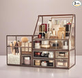 Stackable 3Pieces Drawer Set Glass Makeup Organizer Antique Countertop Vanity Cosmetic Storage Box Mirror Glass Beauty Display, Holder for Brushes Lipsticks Skincare Toner with free Pearl (Brass)