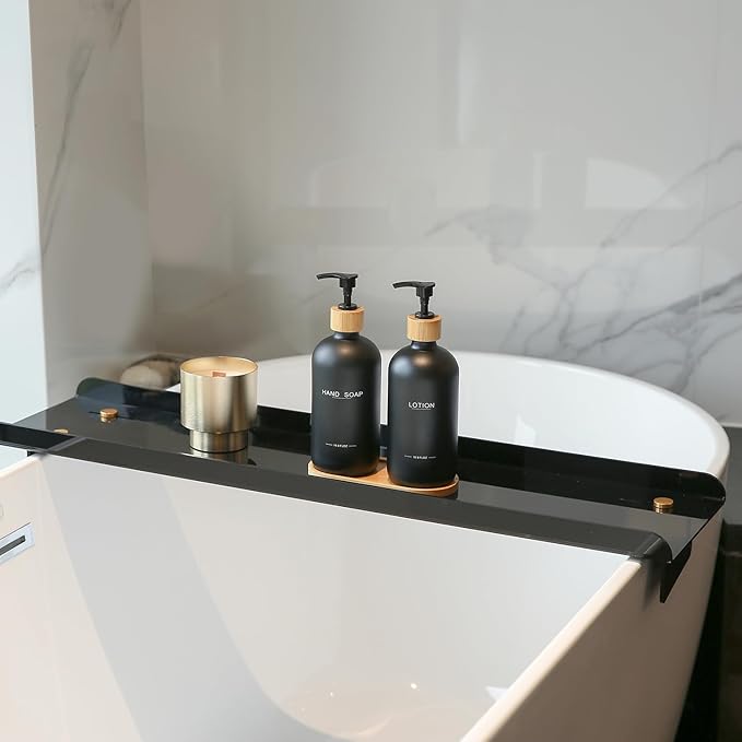 Black Soap Dispenser Bathroom Set, Bamboo Pumps & Tray, Hand Soap, and Lotion Dispenser Set Suitable for Bathroom Counter Decor. (Black)